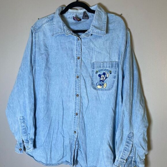 Vintage Y2K Disney Mickey Mouse Denim Women’s Button Up Shirt - Picture 1 of 4